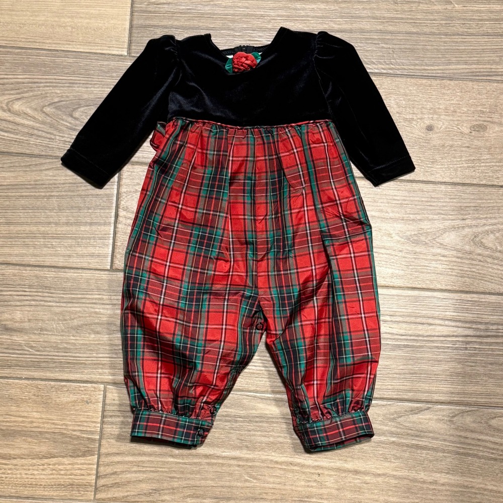 VTG Y2K Hartstrings Baby Girls Black Velvet Red Plaid Holiday Romper size 12M